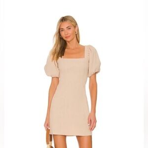 REVOLVE SNDYS Tan Square Neck Mini Cotton Puff Sleeve Dress